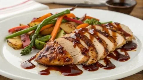 Homemade teriyaki sauce in a glass jar with fresh ingredients around it