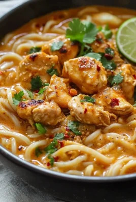 Bowl of Thai-inspired coconut red curry chicken udon garnished with herbs