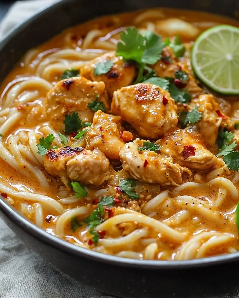 Bowl of Thai-inspired coconut red curry chicken udon garnished with herbs