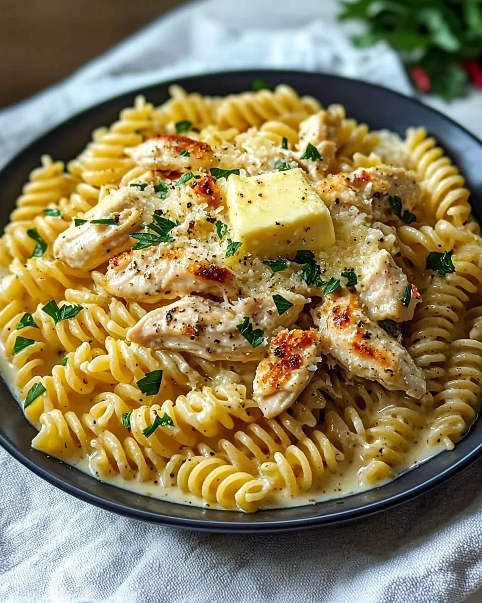 Delicious creamy garlic parmesan chicken pasta topped with herbs and cheese