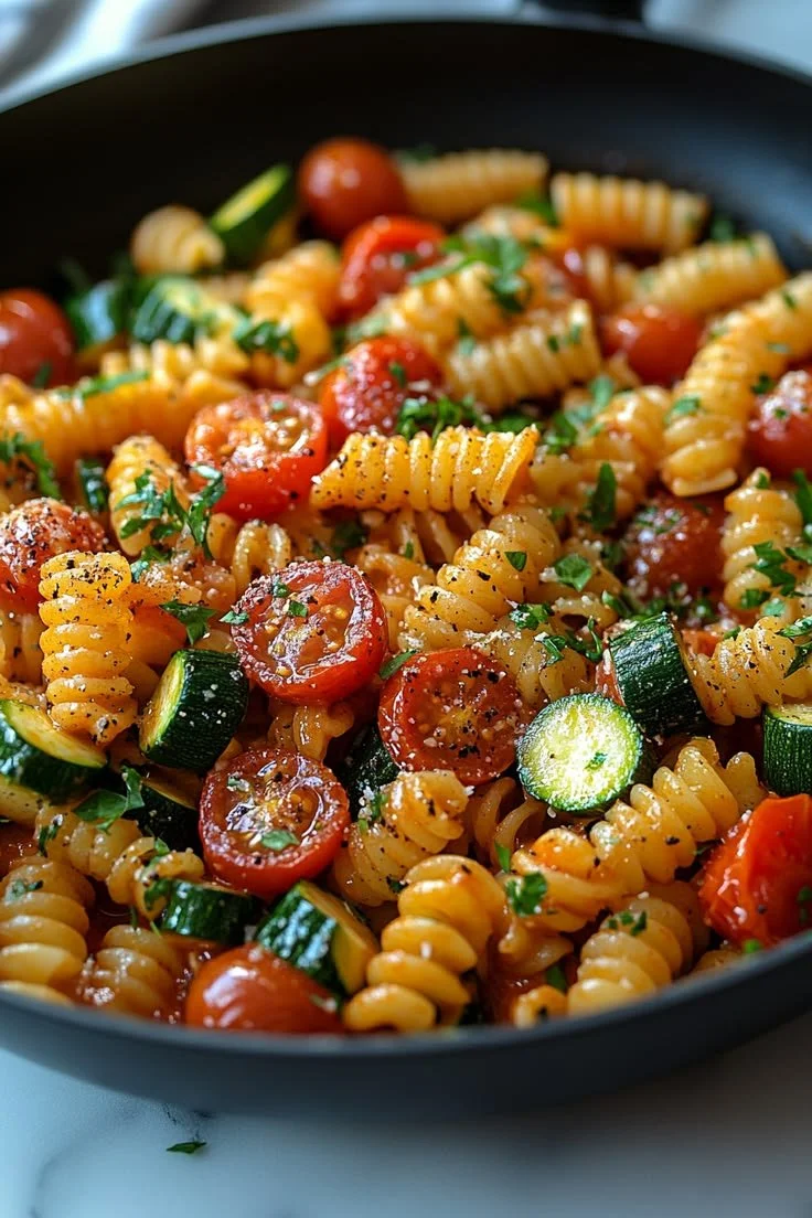 Delicious Tomato Zucchini Pasta with fresh ingredients served in a bowl