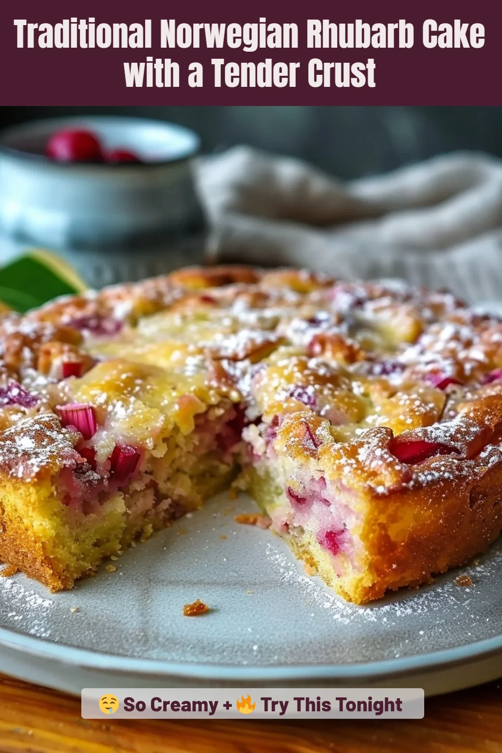 Traditional Norwegian Rhubarb Cake with a Tender Crust