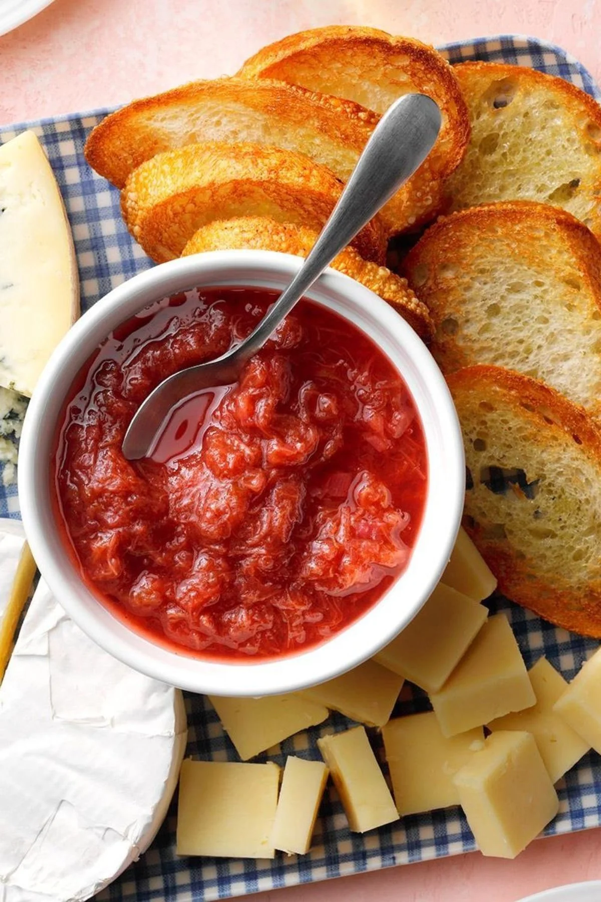 A jar of vibrant rhubarb chutney inspired by Jamie Oliver's recipe