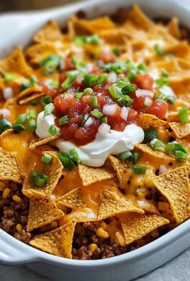 Delicious Walking Taco Casserole topped with cheese, chips, and fresh toppings.