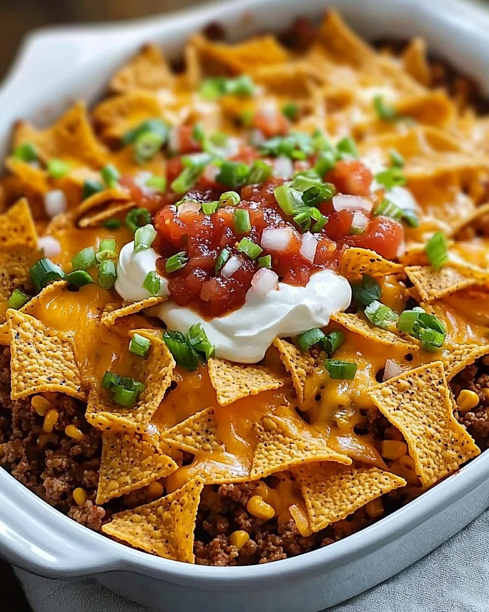 Delicious Walking Taco Casserole topped with cheese, chips, and fresh toppings.