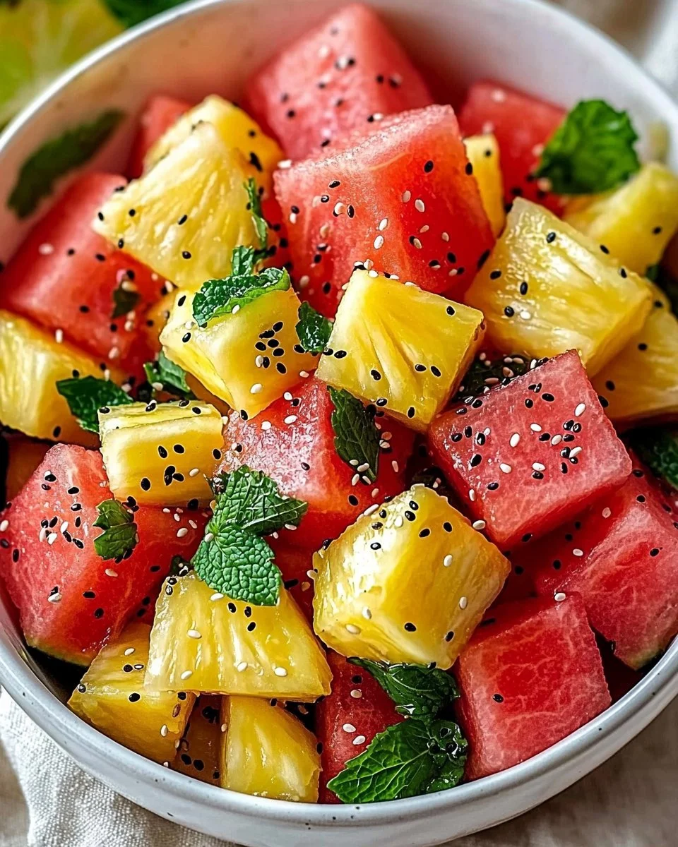 Colorful Watermelon Pineapple Salad with fresh fruits and mint leaves