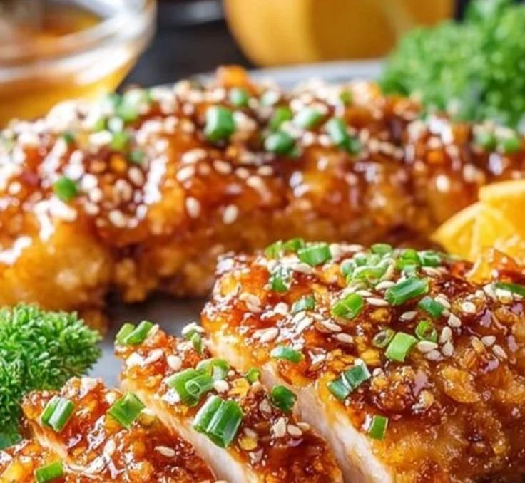 Baked Crunchy Hot Honey Chicken served with garnish on a plate