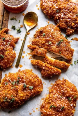 Baked crunchy hot honey chicken garnished with herbs and served on a plate.
