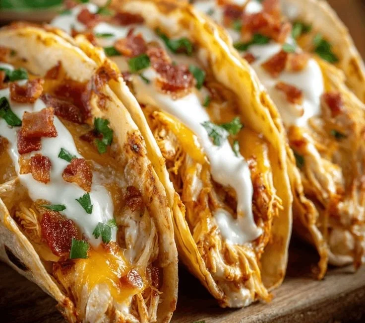 Delicious creamy cheddar ranch chicken tacos garnished with fresh ingredients