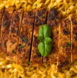 Bowl of creamy Garlic Parmesan Chicken Ramen topped with herbs and cheese