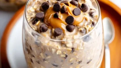 Dreamy peanut butter chocolate chip overnight oats in a glass jar