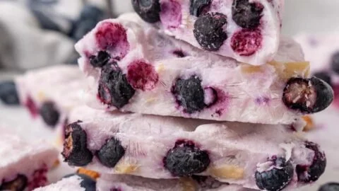 Frozen yogurt bark topped with fresh blueberries and sliced almonds