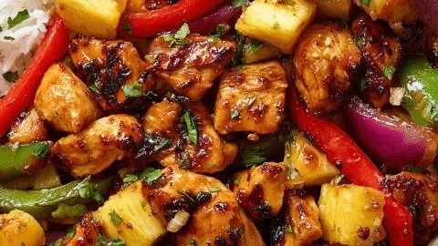 Hawaiian Chicken Sheet Pan with colorful vegetables and sauces
