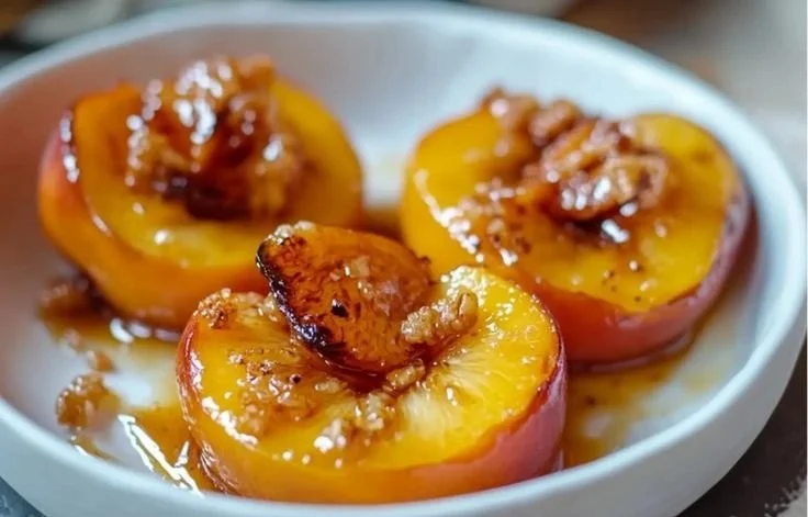 Deliciously baked honey roasted peaches served on a plate