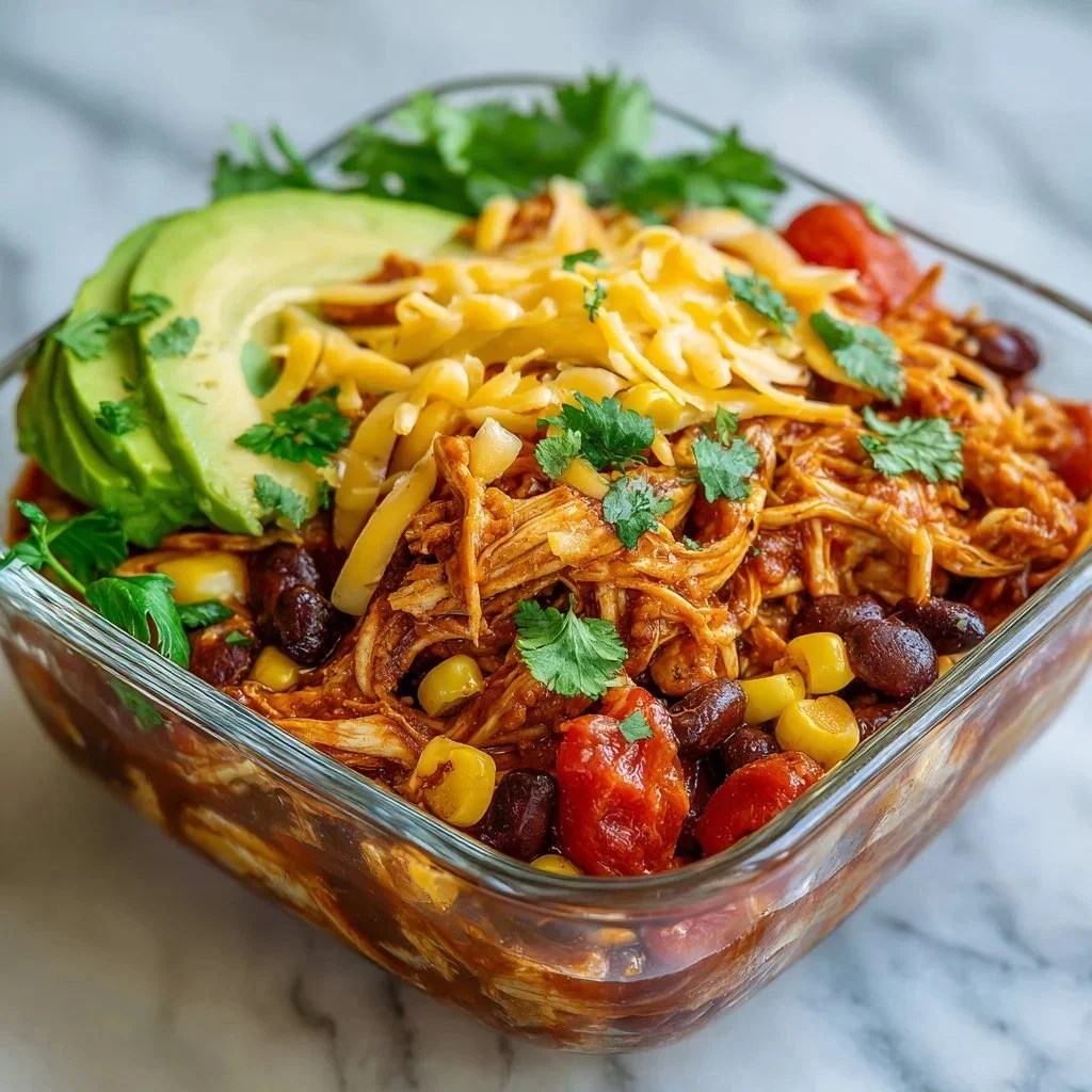 High-protein chicken enchilada bowl topped with fresh ingredients