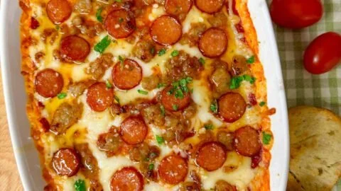 Hot Honey Pepperoni and Sausage Pizza Dip