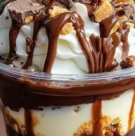 Loaded brownie cheesecake dessert cups topped with chocolate and whipped cream