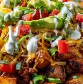 Loaded Potato Taco Bowl with toppings and colorful ingredients