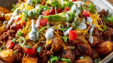 Loaded Potato Taco Bowl with toppings and colorful ingredients