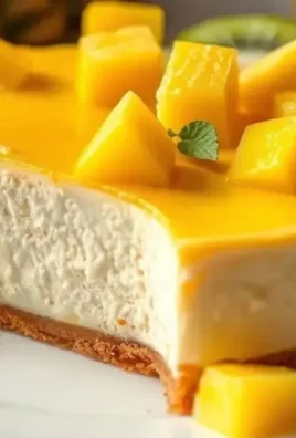 Delicious mango cheesecake slice topped with fresh mango slices.