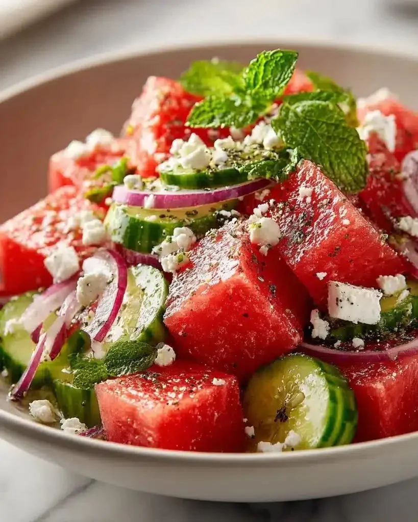 Mediterranean Watermelon Salad with Feta and fresh herbs in a bowl