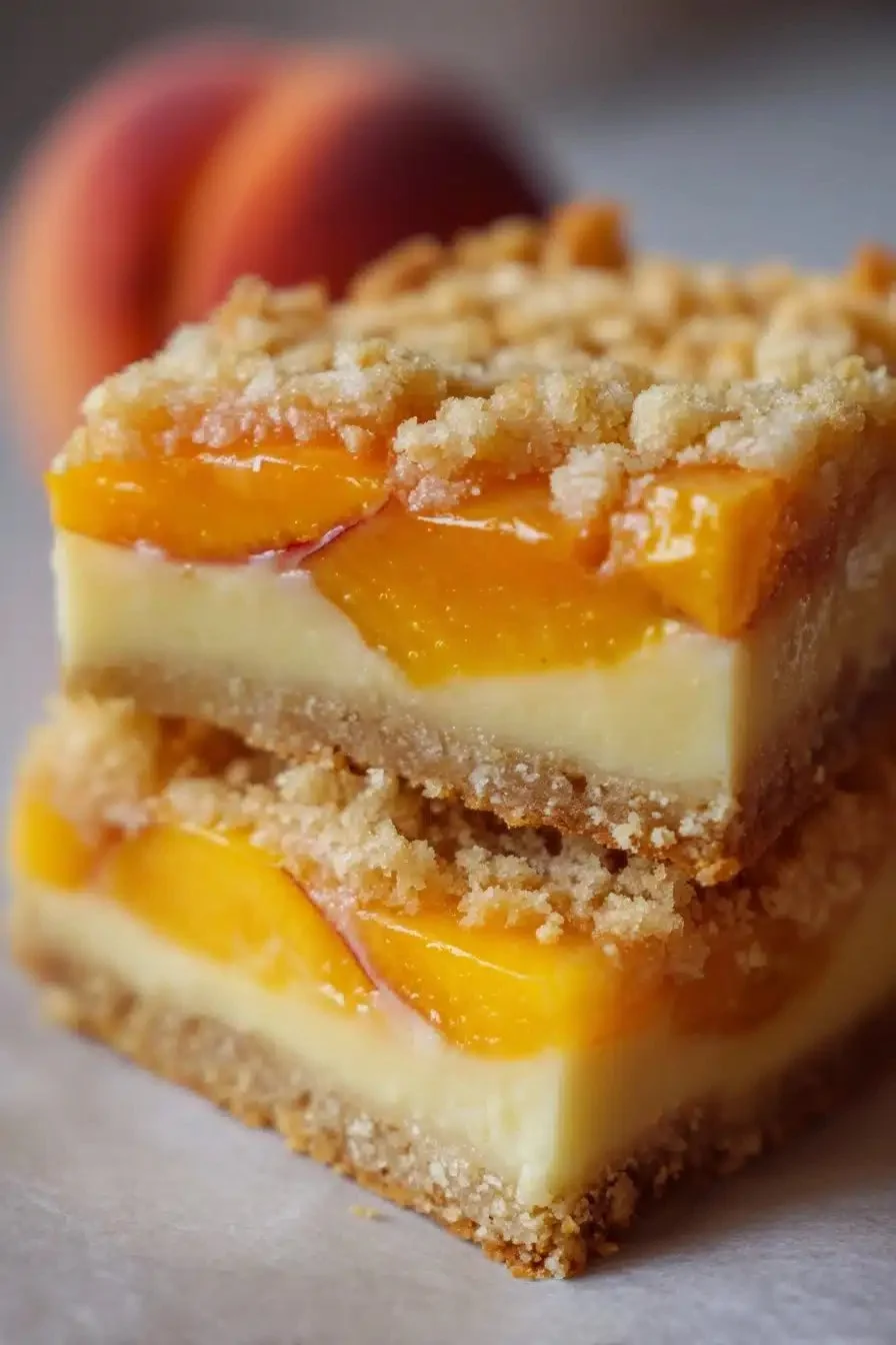 Peaches and Cream Breakfast Bars stacked on a plate, ready to be enjoyed.