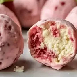 Delicious Strawberry Cheesecake Protein Balls arranged on a plate.