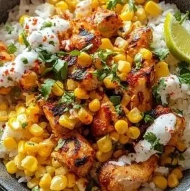 Delicious Street Corn Chicken Rice Bowl served in a colorful bowl with fresh toppings.