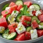 Watermelon Cucumber Feta Salad served in a bowl with fresh herbs