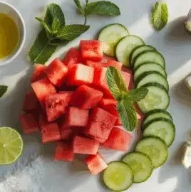 Fresh watermelon cucumber salad with mint and lime dressing