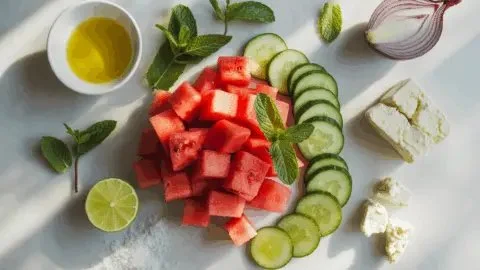 Fresh watermelon cucumber salad with mint and lime dressing