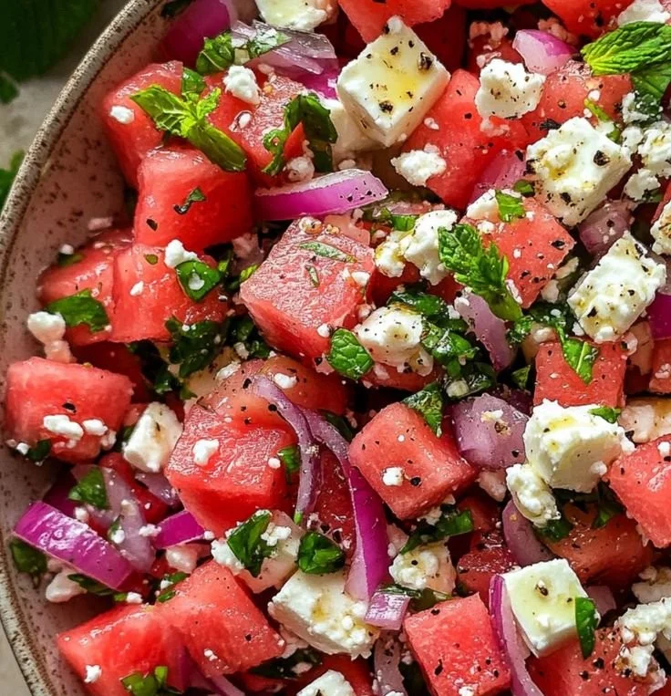 Delicious Watermelon Feta Salad with Mint served in a bowl