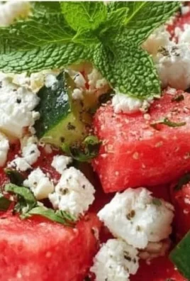 Delicious watermelon salad with feta cheese and mint leaves served in a bowl