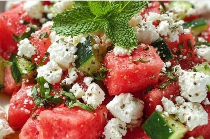Delicious watermelon salad with feta cheese and mint leaves served in a bowl