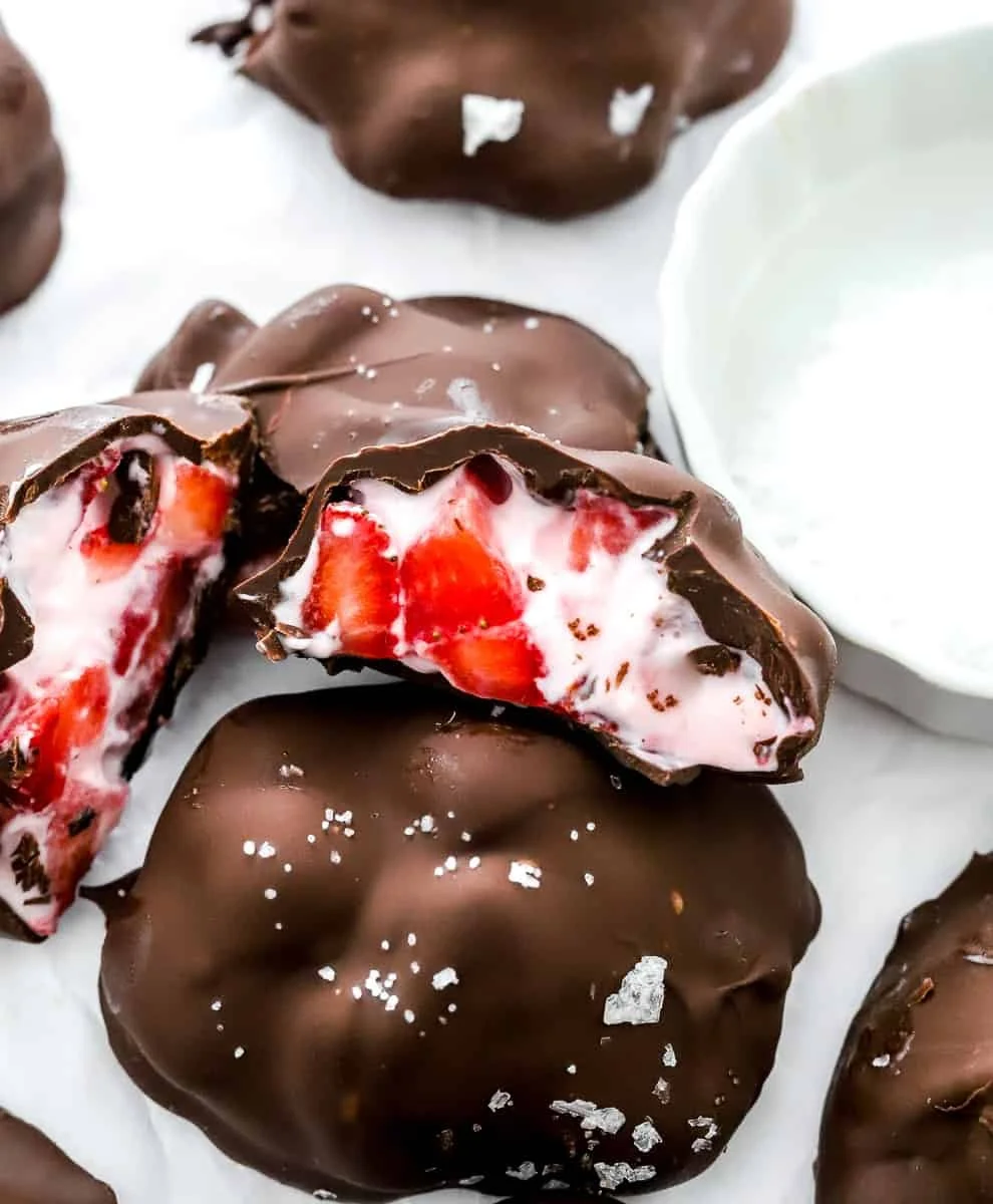 Chocolate Strawberry Frozen Yogurt Bites in a bowl, perfect for a healthy dessert.