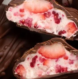 Chocolate strawberry yogurt clusters prepared for a tasty dessert treat.