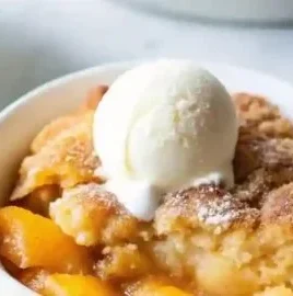 Freshly baked classic peach cobbler with golden crust and juicy peach filling.