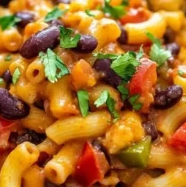 A steaming bowl of delicious vegetarian chili mac topped with fresh herbs.