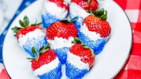 Easy dessert strawberries layered with red, white, and blue for festive occasions