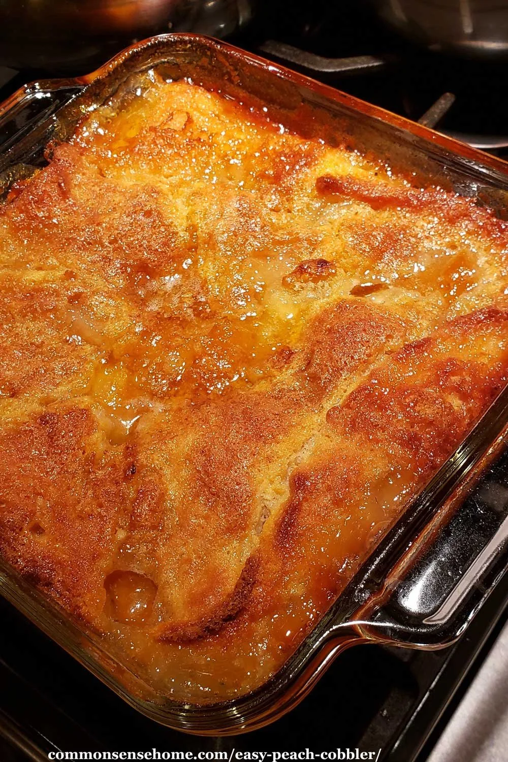 Bowl of homemade easy peach cobbler with fresh peaches and a golden crust