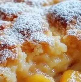 Fresh Southern Peach Cobbler served warm in a rustic dish