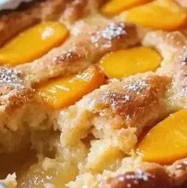 Irresistibly easy 3-ingredient peach dump cake topped with whipped cream