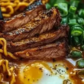Spicy Korean ramen beef dish with creamy sauce in a bowl