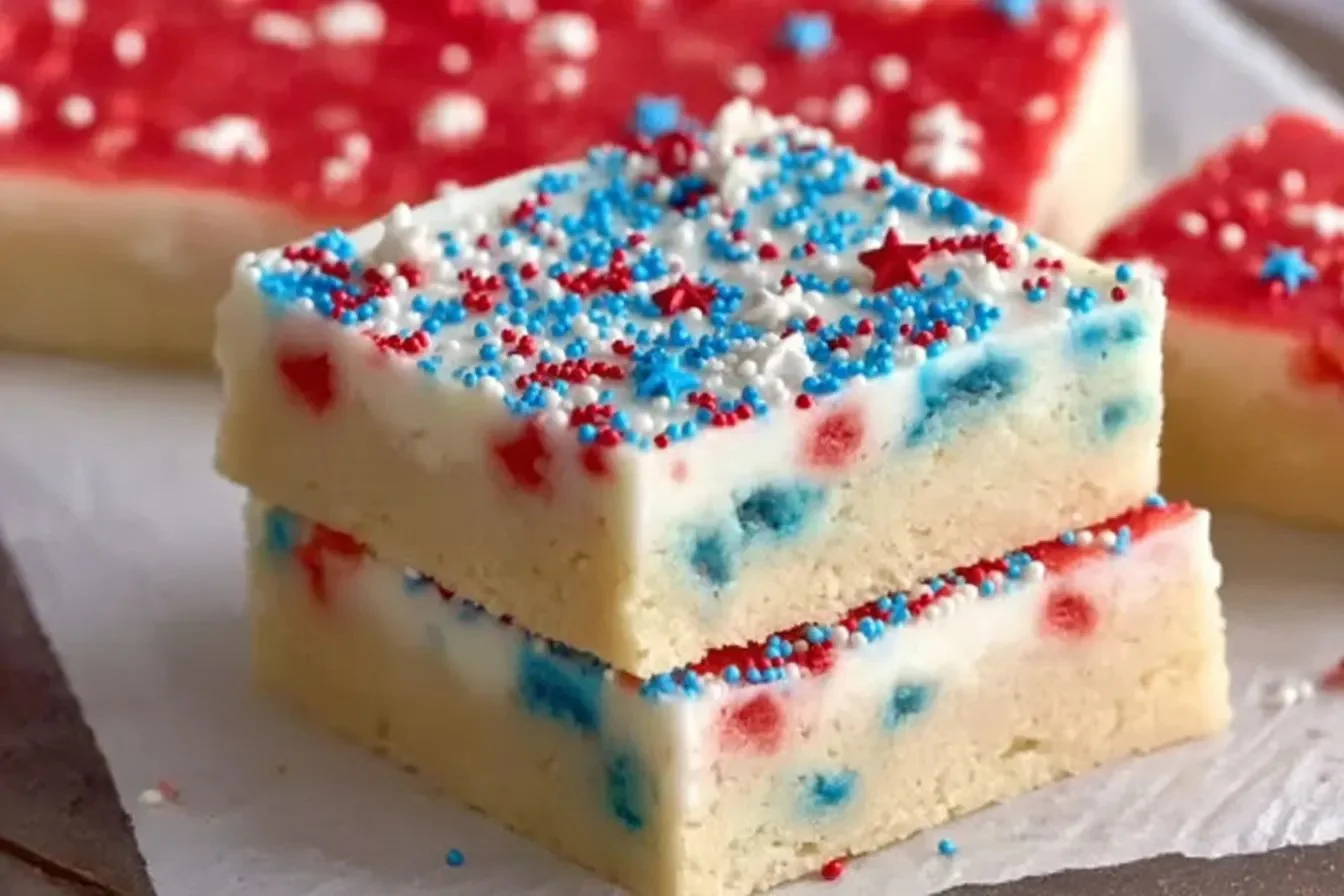 Patriotic sugar cookie bars decorated with red, white, and blue sprinkles