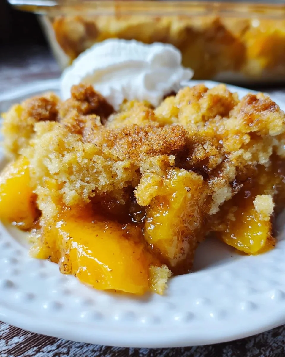 Delicious peach cobbler made with cake mix, served in a baking dish.