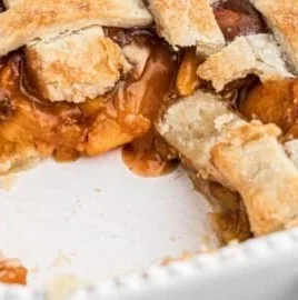 Southern Peach Cobbler made with flaky pie crust and juicy peaches