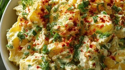 A bowl of Southern potato salad with eggs, celery, and seasoning