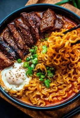 Bowl of spicy Korean ramen topped with grilled beef and creamy sauce