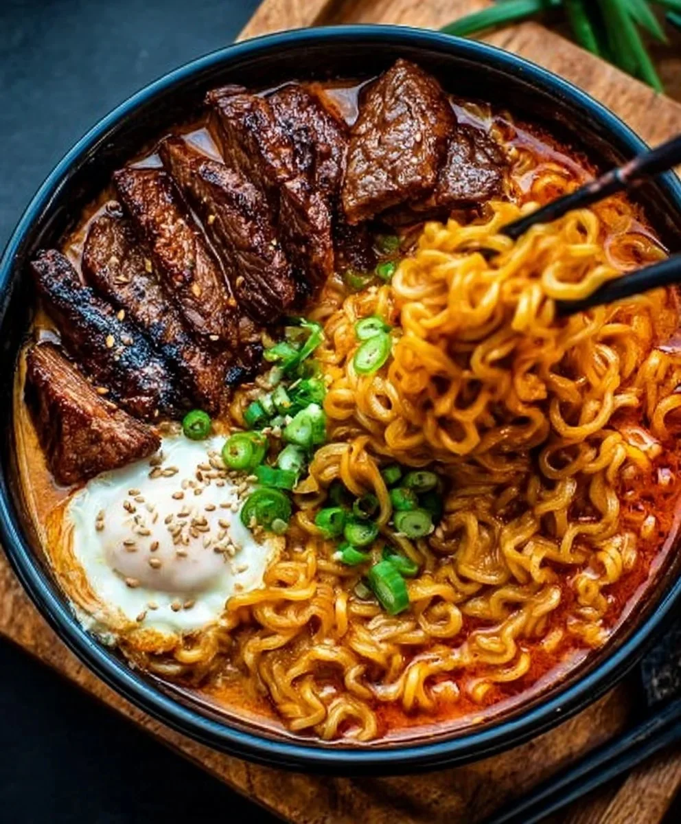 Bowl of spicy Korean ramen topped with grilled beef and creamy sauce
