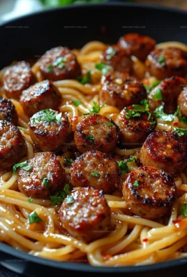 Sticky honey garlic sausage pasta skillet dish served in a bowl